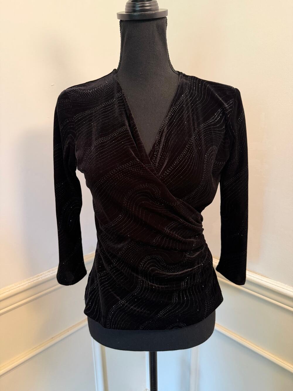 Vintage Y2K Metaphor Black Velvet Glitter Swirl Surplice Wrap Top Witchy Holiday